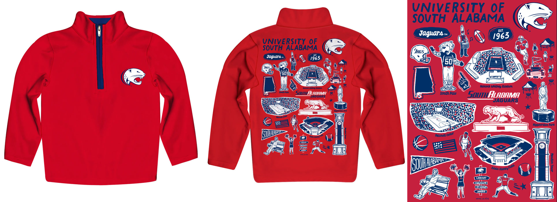 South Alabama Jaguars Hand Sketched Vive La Fete Impressions Artwork Red Boys Quarter Zip Pullover V1 - Vive La Fête - Online Apparel Store
