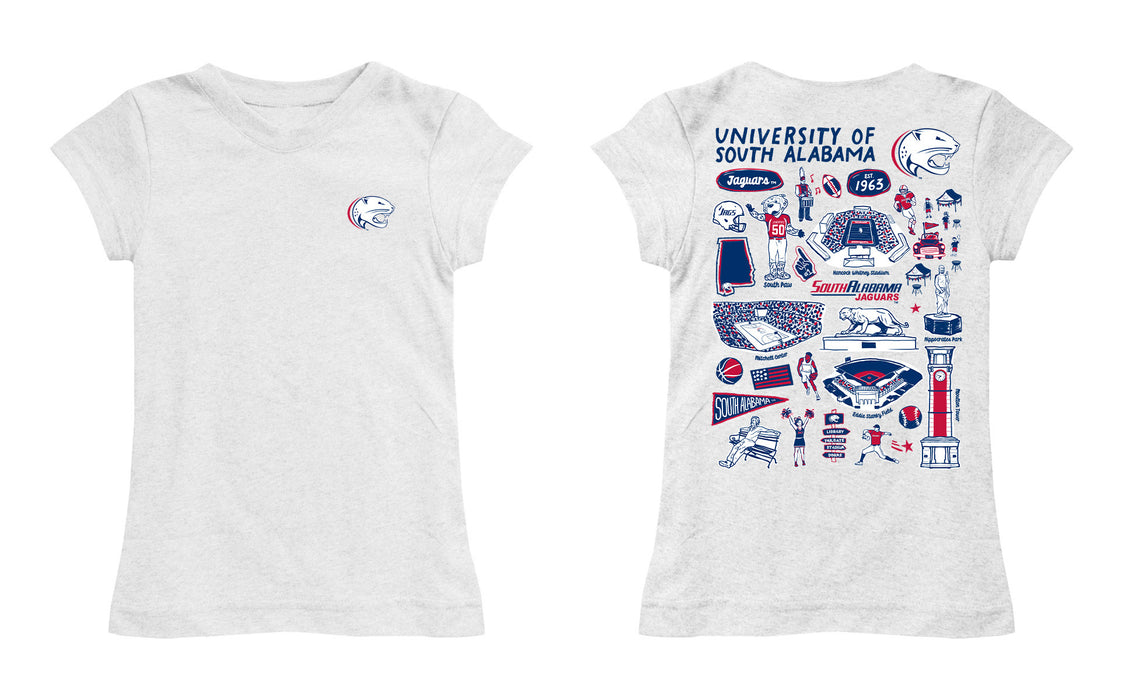 South Alabama Jaguars Hand Sketched Vive La Fete Impressions Artwork White Girls Cotton Short Sleeve Tee - Vive La Fête - Online Apparel Store