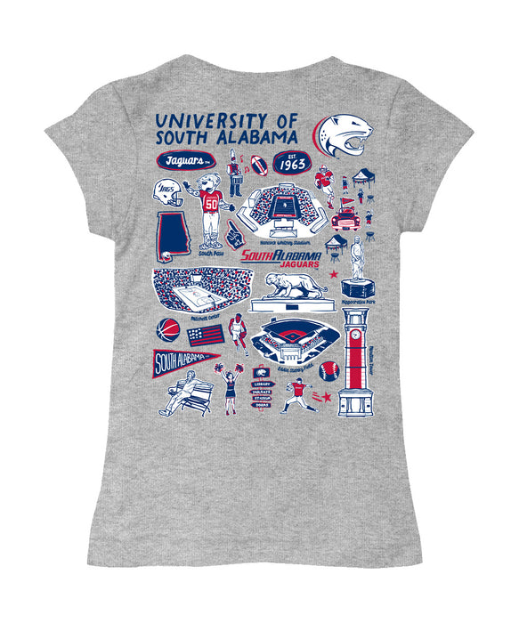 South Alabama Jaguars Hand Sketched Vive La Fete Impressions Artwork Grey Girls Cotton Short Sleeve Tee - Vive La Fête - Online Apparel Store