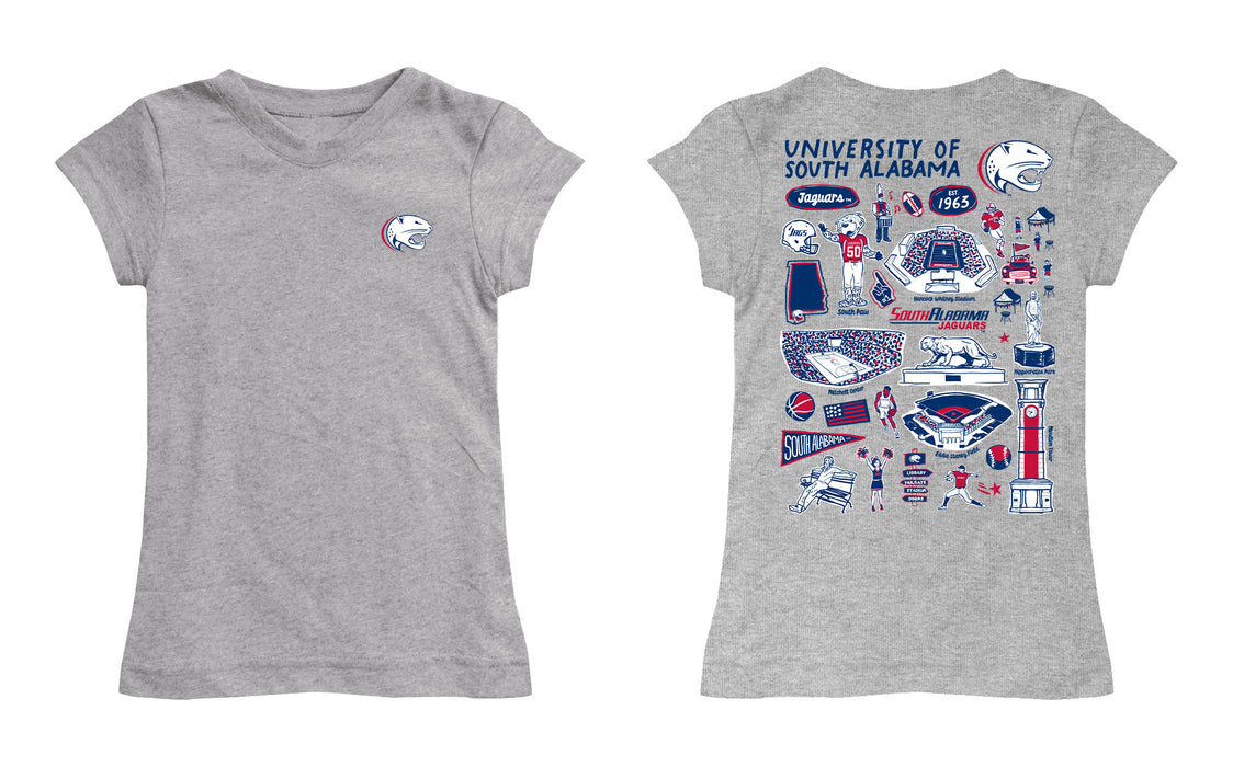 South Alabama Jaguars Hand Sketched Vive La Fete Impressions Artwork Grey Girls Cotton Short Sleeve Tee - Vive La Fête - Online Apparel Store