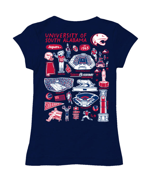 South Alabama Jaguars Hand Sketched Vive La Fete Impressions Artwork Navy Girls Cotton Short Sleeve Tee - Vive La Fête - Online Apparel Store