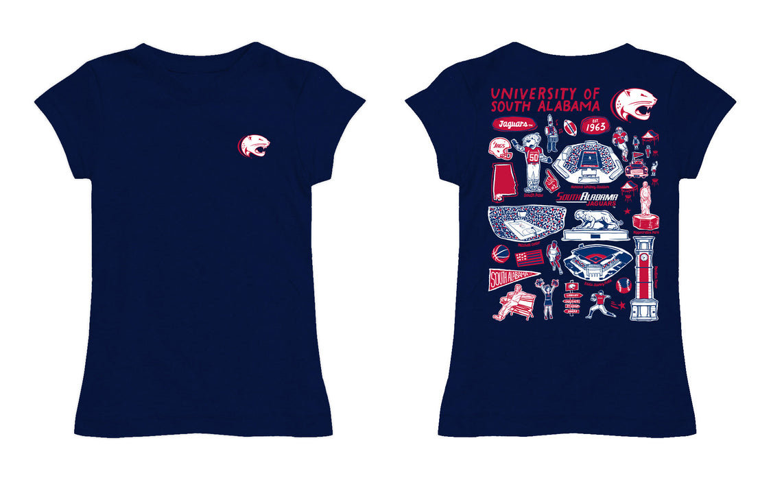 South Alabama Jaguars Hand Sketched Vive La Fete Impressions Artwork Navy Girls Cotton Short Sleeve Tee - Vive La Fête - Online Apparel Store