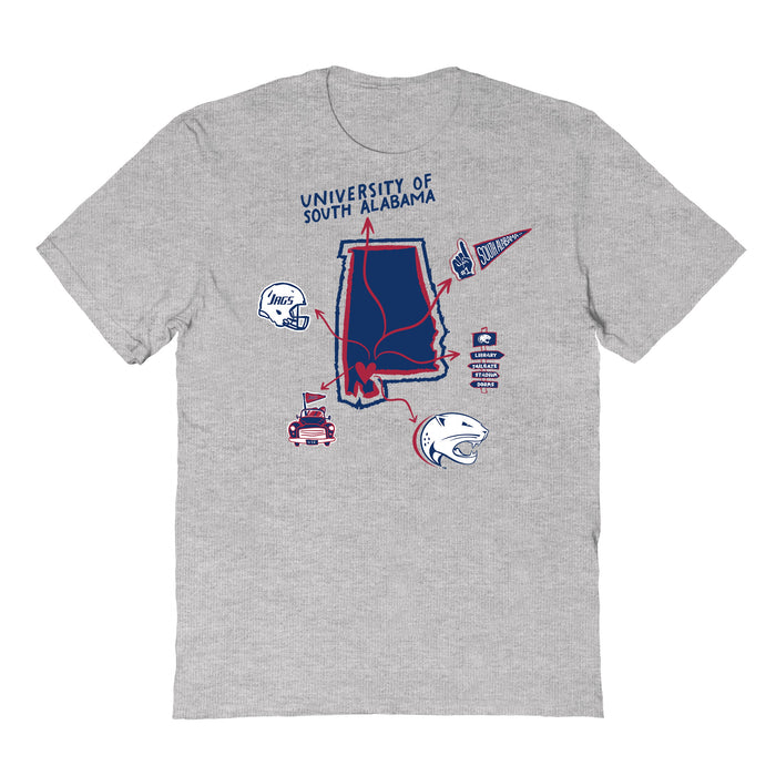 South Alabama Jaguars Hand Sketched Vive La Fete Impressions Icones Kids Grey T-shirt