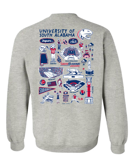 South Alabama Jaguars Hand Sketched Artwork Navy Crewneck Sweatshirt for Women - Vive La Fête - Online Apparel Store