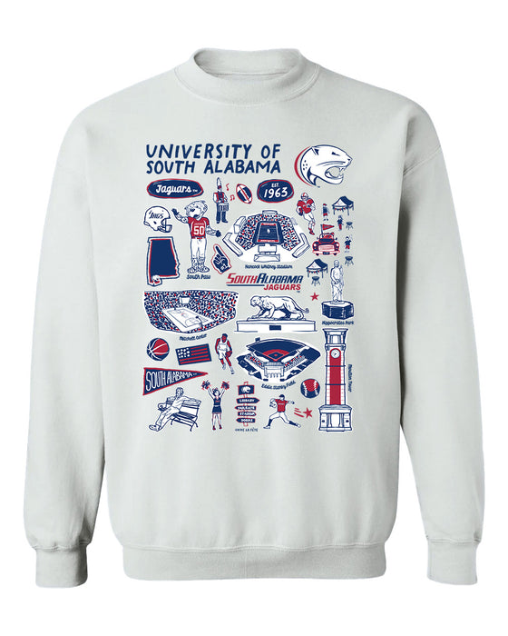 South Alabama Jaguars Hand Sketched Vive La Fete Impressions White Cotton Crewneck Sweatshirt for Women