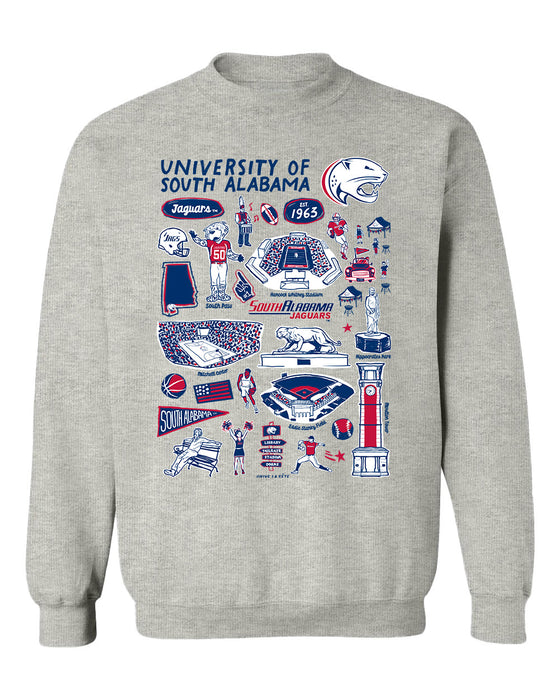 South Alabama Jaguars Hand Sketched Vive La Fete Impressions Grey Cotton Crewneck Sweatshirt for Women