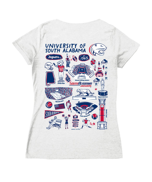 South Alabama Jaguars Hand Sketched Vive La Fete Impressions Artwork Navy Women Cotton Short Sleeve V-Neck Tshirt