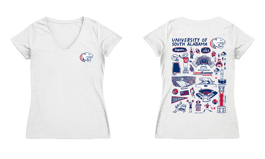 South Alabama Jaguars Hand Sketched Vive La Fete Impressions Artwork Navy Women Cotton Short Sleeve V-Neck Tshirt