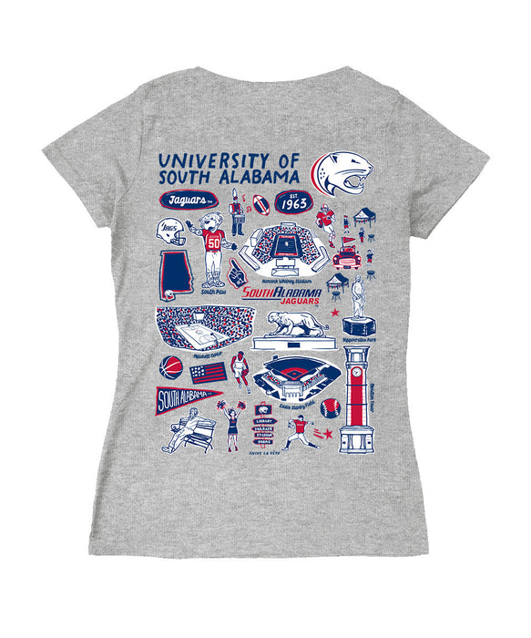 South Alabama Jaguars Hand Sketched Vive La Fete Impressions Artwork Navy Women Cotton Short Sleeve V-Neck Tshirt