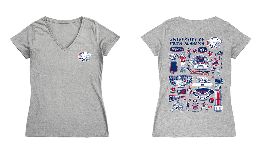 South Alabama Jaguars Hand Sketched Vive La Fete Impressions Artwork Navy Women Cotton Short Sleeve V-Neck Tshirt