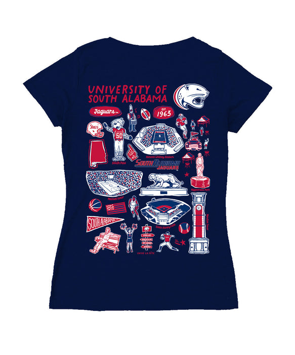 South Alabama Jaguars Hand Sketched Vive La Fete Impressions Artwork Navy Women Cotton Short Sleeve V-Neck Tshirt