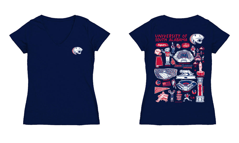 South Alabama Jaguars Hand Sketched Vive La Fete Impressions Artwork Navy Women Cotton Short Sleeve V-Neck Tshirt