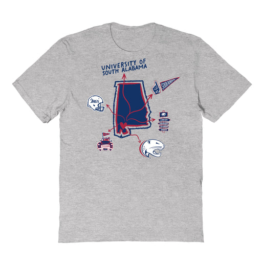 South Alabama Jaguars Hand Sketched Vive La Fete Impressions Icones Grey T-shirt for Women