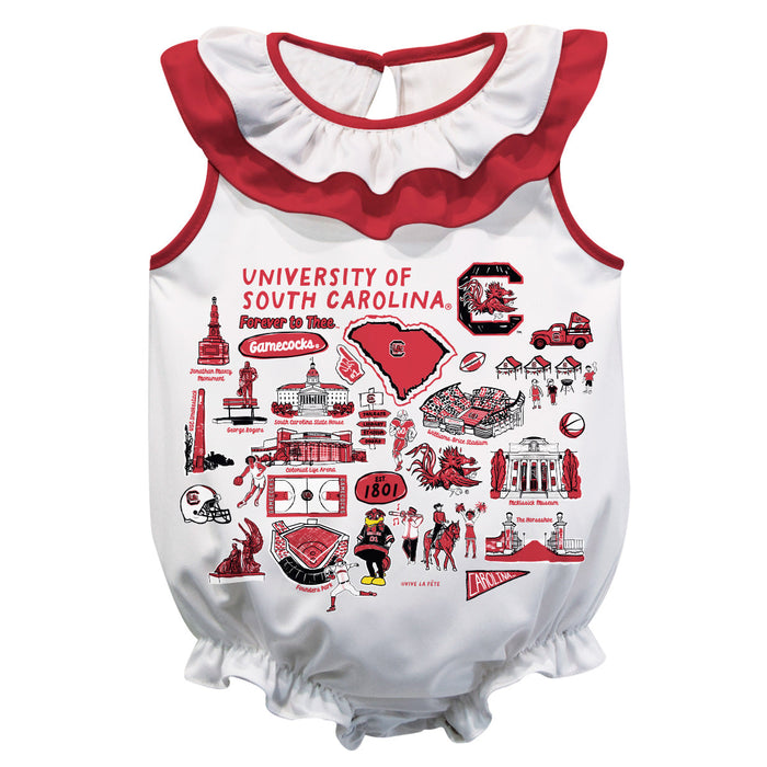 South Carolina Gamecocks  White Hand Sketched Vive La Fete Impressions Artwork Sleeveless Ruffle Onesie Bodysuit