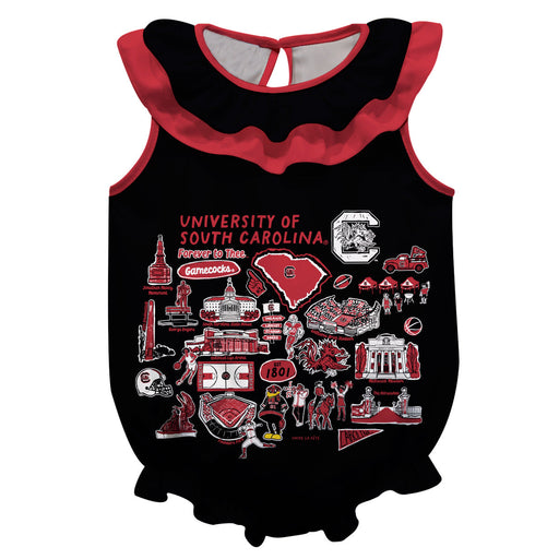South Carolina Gamecocks  Black Hand Sketched Vive La Fete Impressions Artwork Sleeveless Ruffle Onesie Bodysuit