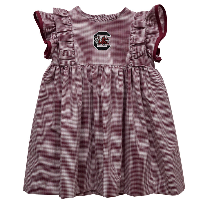 South Carolina Gamecocks Embroidered Maroon Gingham Girls Ruffle Dress - Vive La Fête - Online Apparel Store