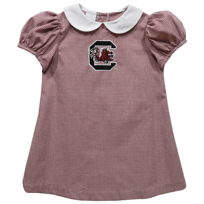 South Carolina Gamecocks Embroidered Maroon Gingham Short Sleeve A Line Dress