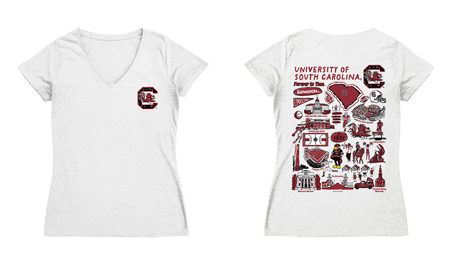 South Carolina Gamecocks Hand Sketched Vive La Fete Impressions Artwork Black Women Cotton Short Sleeve V-Neck Tshirt