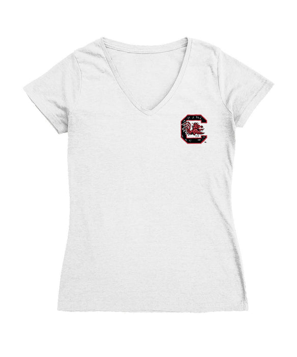 South Carolina Gamecocks Hand Sketched Vive La Fete Impressions Artwork White Women Cotton Short Sleeve V-Neck Tshirt