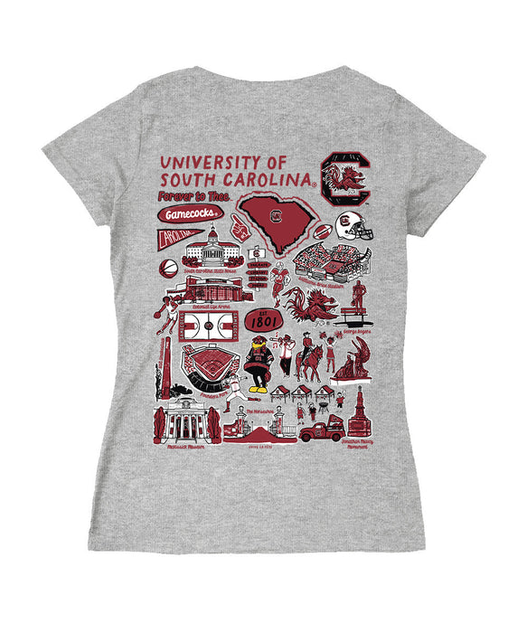 South Carolina Gamecocks Hand Sketched Vive La Fete Impressions Artwork Black Women Cotton Short Sleeve V-Neck Tshirt