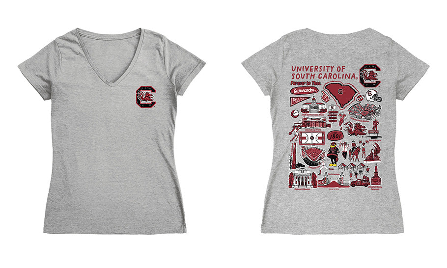 South Carolina Gamecocks Hand Sketched Vive La Fete Impressions Artwork Black Women Cotton Short Sleeve V-Neck Tshirt