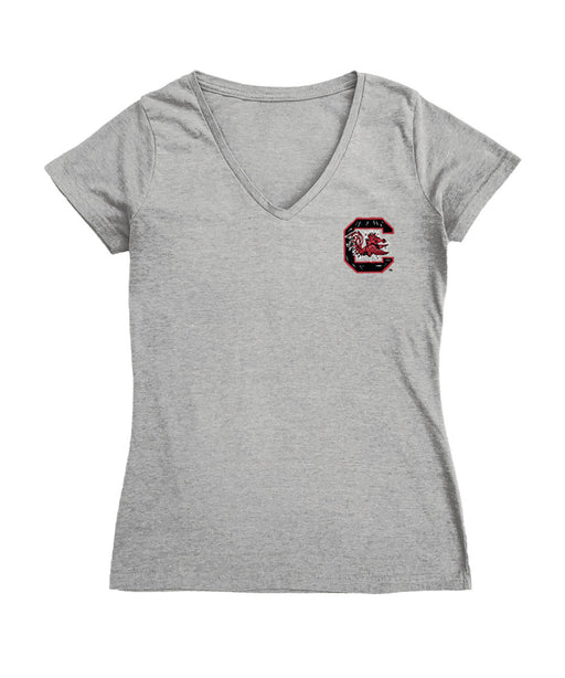 South Carolina Gamecocks Hand Sketched Vive La Fete Impressions Artwork Grey Women Cotton Short Sleeve V-Neck Tshirt