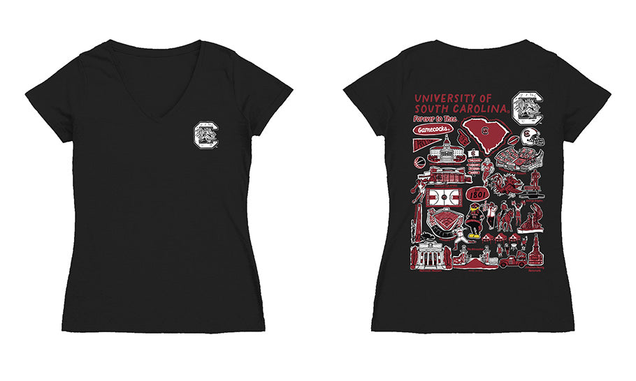 South Carolina Gamecocks Hand Sketched Vive La Fete Impressions Artwork Black Women Cotton Short Sleeve V-Neck Tshirt