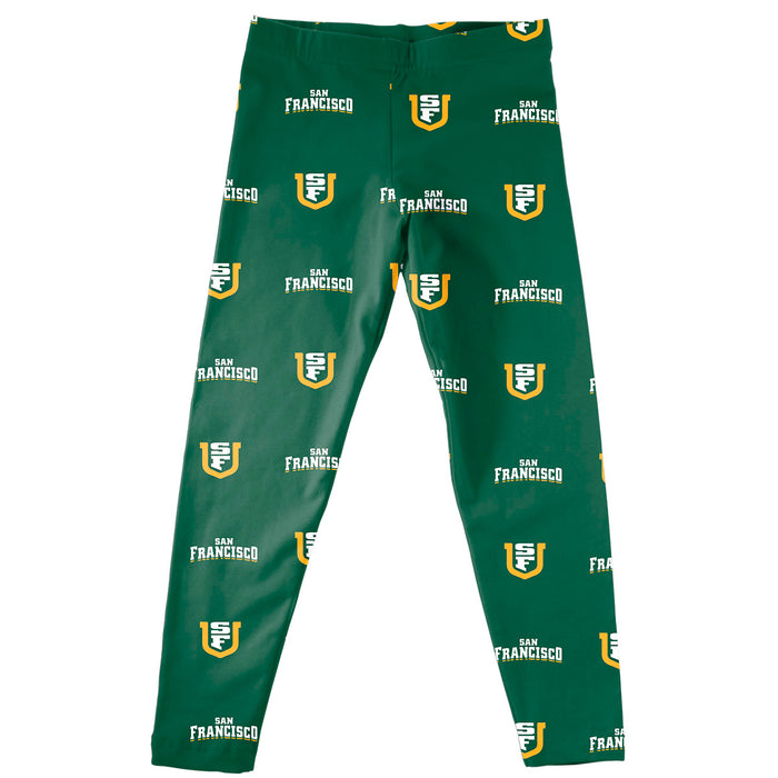 San Francisco Dons USF Vive La Fete Girls Game Day All Over Two Logos Elastic Waist Classic Play Green Leggings Tights