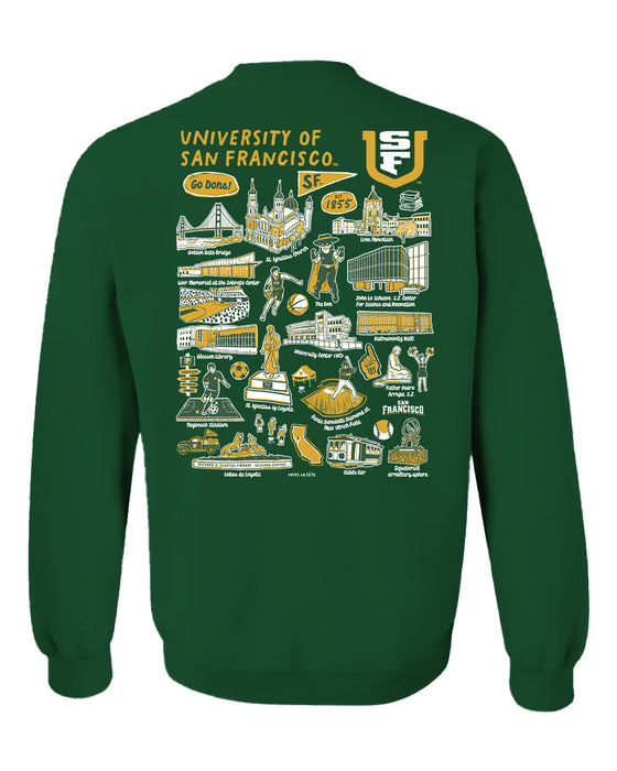University of San Francisco Dons USF Hand Sketched Vive La Fete Impressions Artwork Green Crew Neck Sweatshirt for Women - Vive La Fête - Online Apparel Store