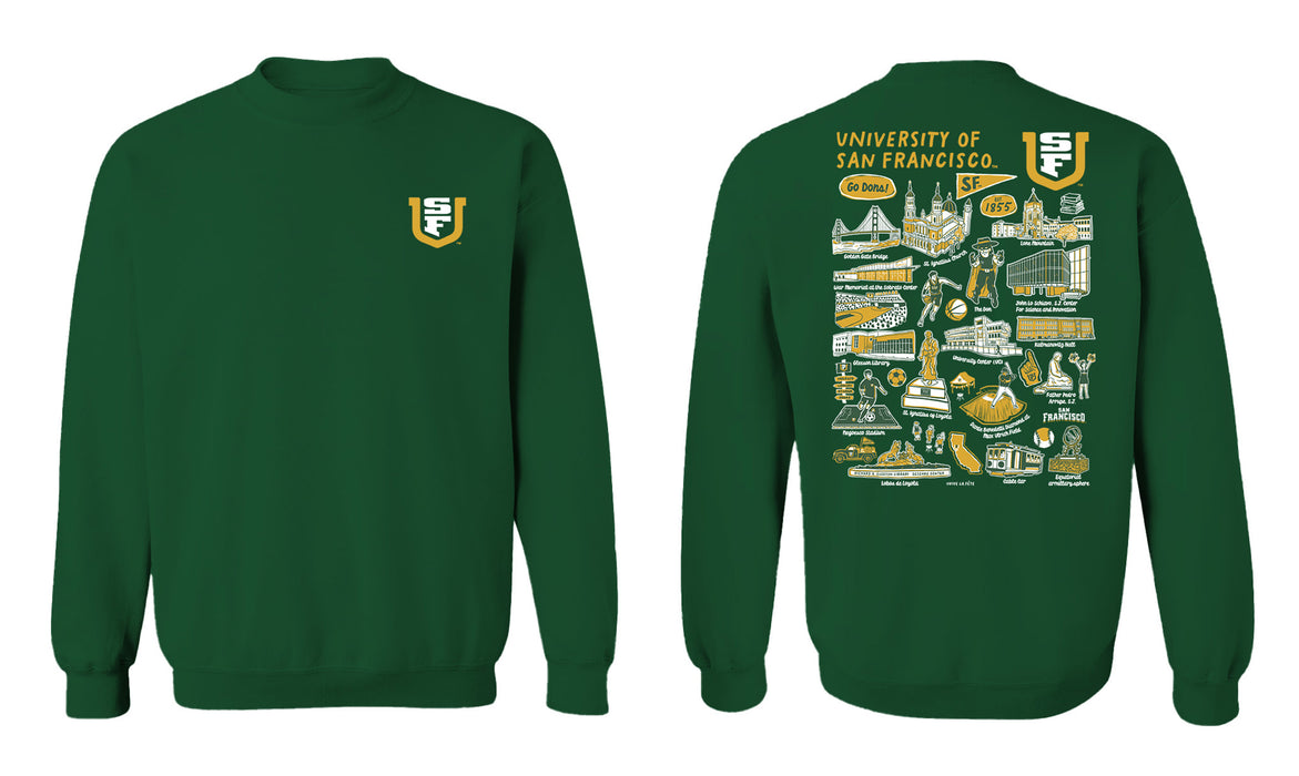 University of San Francisco Dons USF Hand Sketched Vive La Fete Impressions Artwork Green Crew Neck Sweatshirt for Women - Vive La Fête - Online Apparel Store