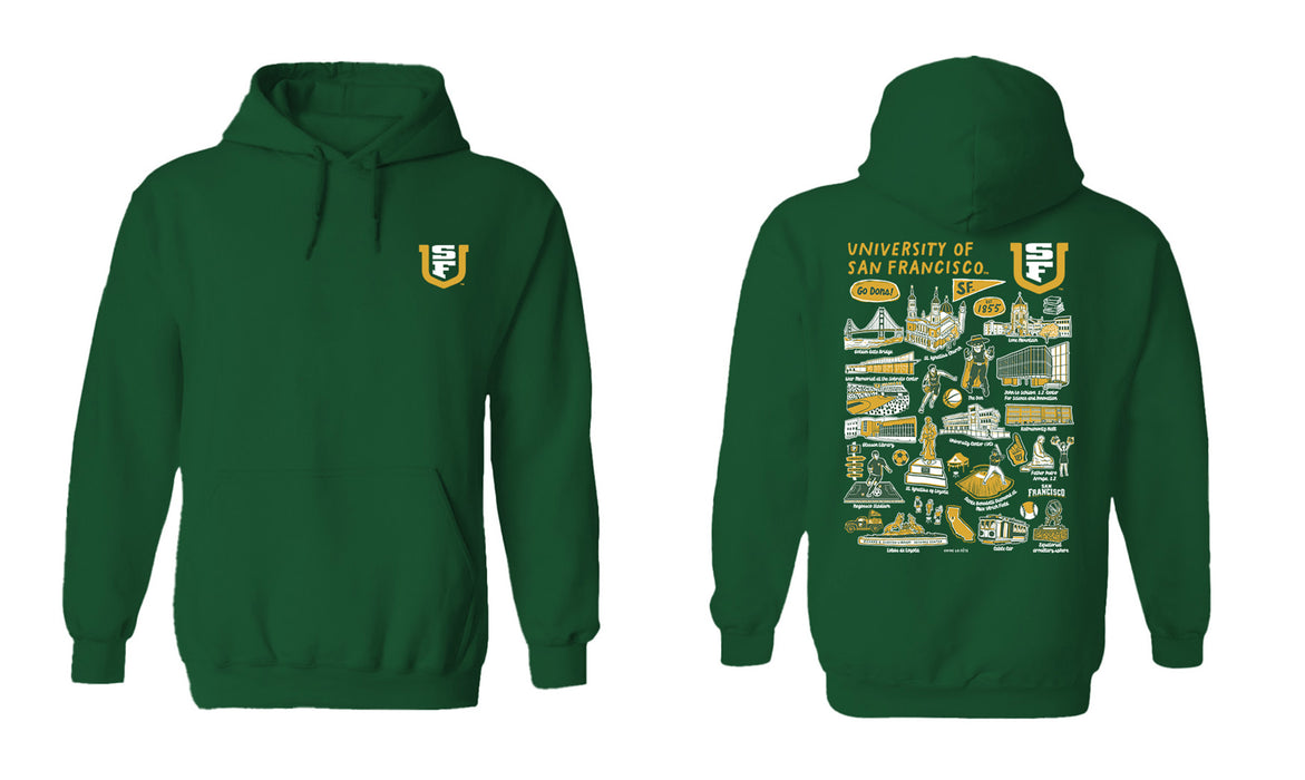San Francisco Dons USF Hand Sketched Vive La Fete Impressions Artwork Green Cotton Fleece Long Sleeve Hoodie - Vive La Fête - Online Apparel Store