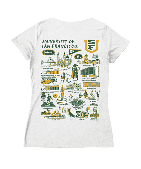 San Francisco Dons USF Hand Sketched Vive La Fete Impressions Artwork Green Women Cotton Short Sleeve V-Neck Tshirt