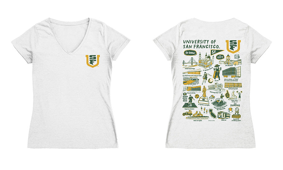 San Francisco Dons USF Hand Sketched Vive La Fete Impressions Artwork Green Women Cotton Short Sleeve V-Neck Tshirt