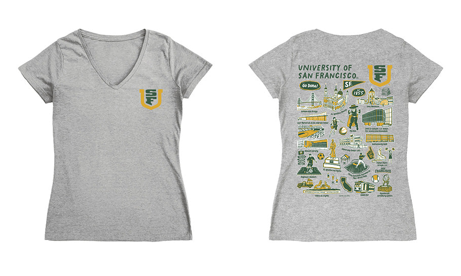 San Francisco Dons USF Hand Sketched Vive La Fete Impressions Artwork Green Women Cotton Short Sleeve V-Neck Tshirt