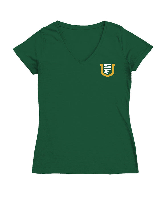 San Francisco Dons USF Hand Sketched Vive La Fete Impressions Artwork Green Women Cotton Short Sleeve V-Neck Tshirt