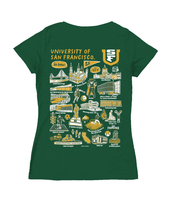 San Francisco Dons USF Hand Sketched Vive La Fete Impressions Artwork Green Women Cotton Short Sleeve V-Neck Tshirt