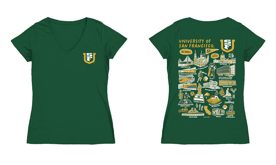 San Francisco Dons USF Hand Sketched Vive La Fete Impressions Artwork Green Women Cotton Short Sleeve V-Neck Tshirt