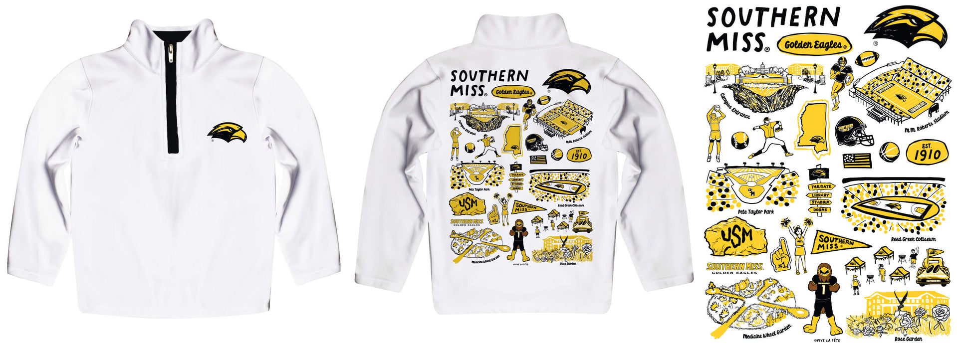 Southern Miss Golden Eagles Hand Sketched Vive La Fete Impressions Artwork White Boys Quarter Zip Pullover V1 - Vive La Fête - Online Apparel Store