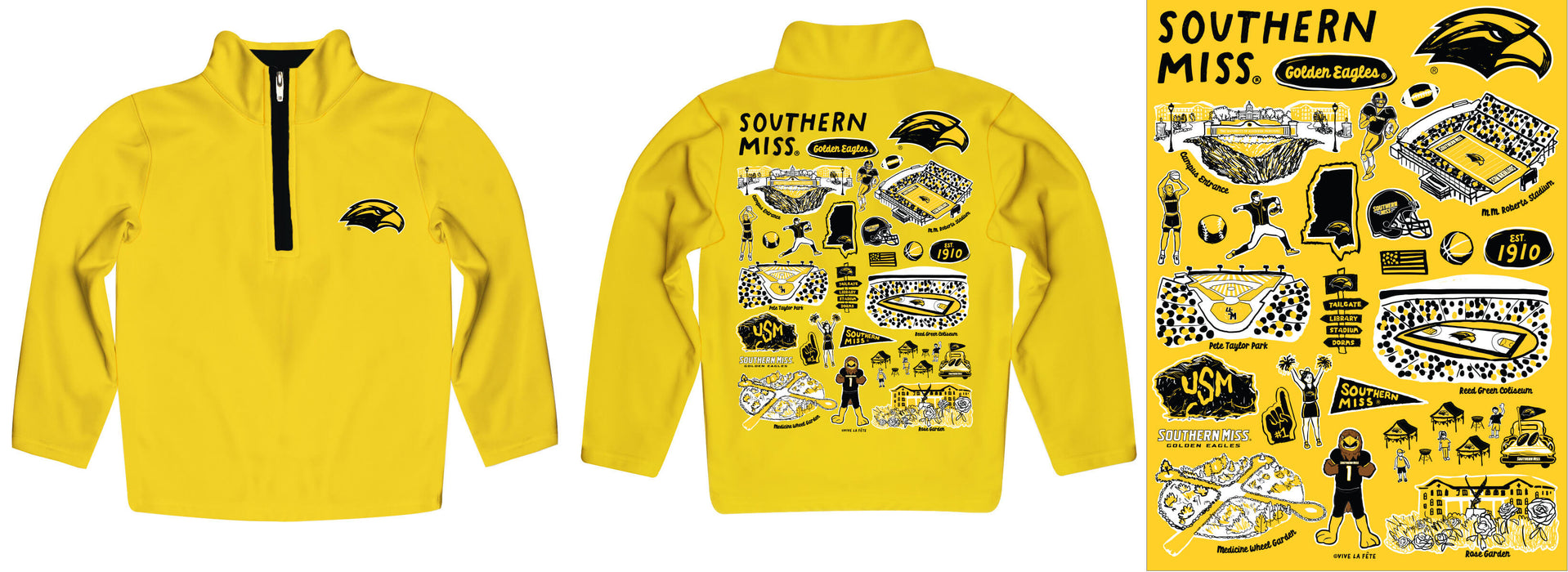 Southern Miss Golden Eagles Hand Sketched Vive La Fete Impressions Artwork Gold Boys Quarter Zip Pullover V1 - Vive La Fête - Online Apparel Store