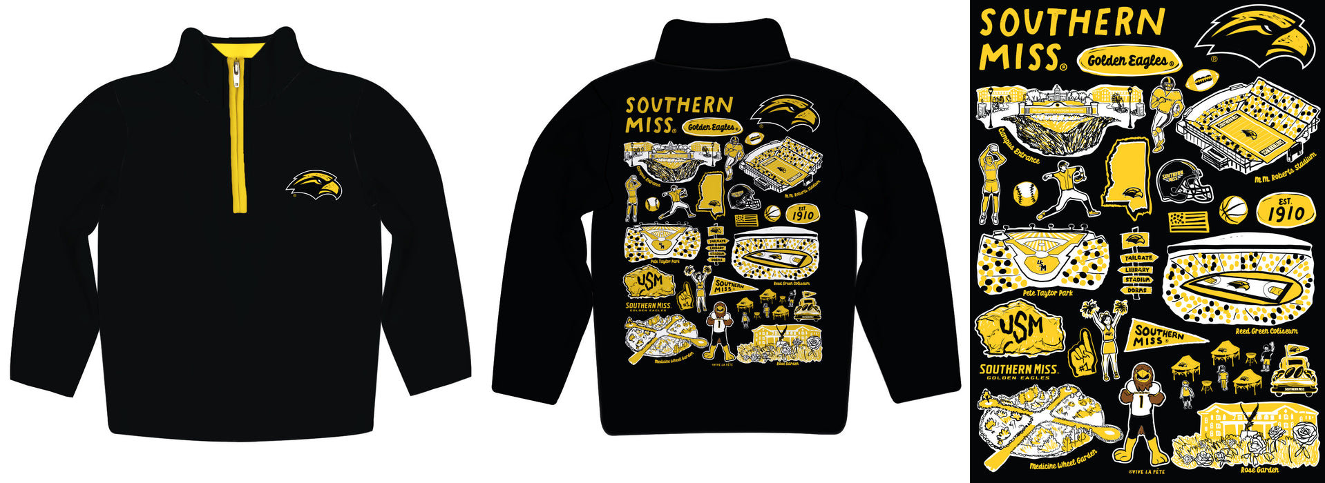 Southern Miss Golden Eagles Hand Sketched Vive La Fete Impressions Artwork Black Boys Quarter Zip Pullover V1 - Vive La Fête - Online Apparel Store