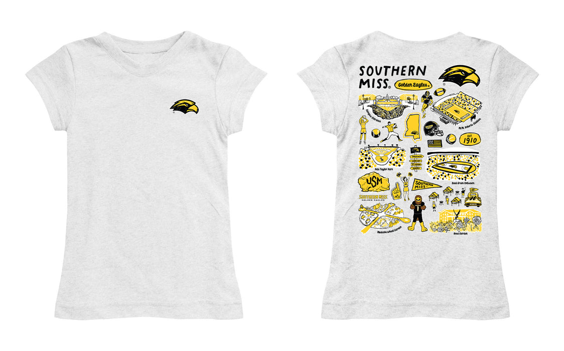 Southern Miss Golden Eagles Hand Sketched Vive La Fete Impressions Artwork White Girls Cotton Short Sleeve Tee - Vive La Fête - Online Apparel Store