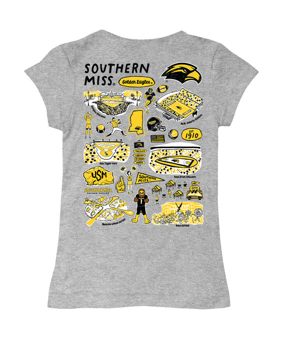 Southern Miss Golden Eagles Hand Sketched Vive La Fete Impressions Artwork Grey Girls Cotton Short Sleeve Tee - Vive La Fête - Online Apparel Store