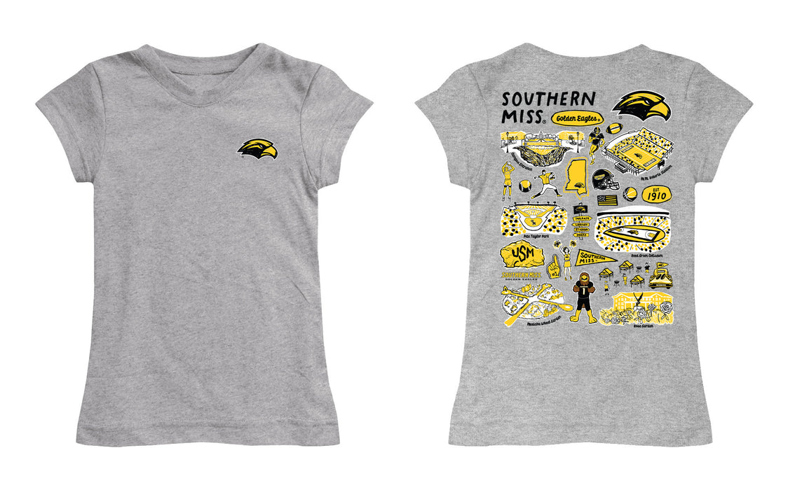 Southern Miss Golden Eagles Hand Sketched Vive La Fete Impressions Artwork Grey Girls Cotton Short Sleeve Tee - Vive La Fête - Online Apparel Store