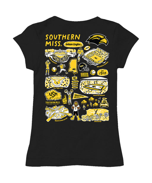 Southern Miss Golden Eagles Hand Sketched Vive La Fete Impressions Artwork Black Girls Cotton Short Sleeve Tee - Vive La Fête - Online Apparel Store