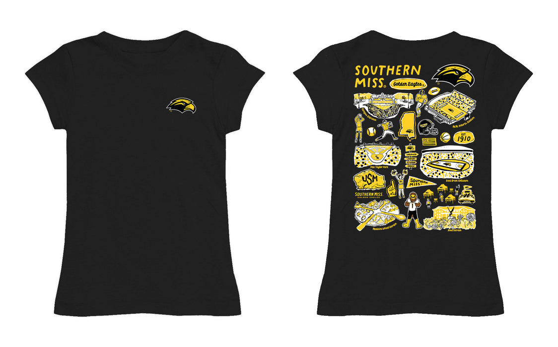 Southern Miss Golden Eagles Hand Sketched Vive La Fete Impressions Artwork Black Girls Cotton Short Sleeve Tee - Vive La Fête - Online Apparel Store