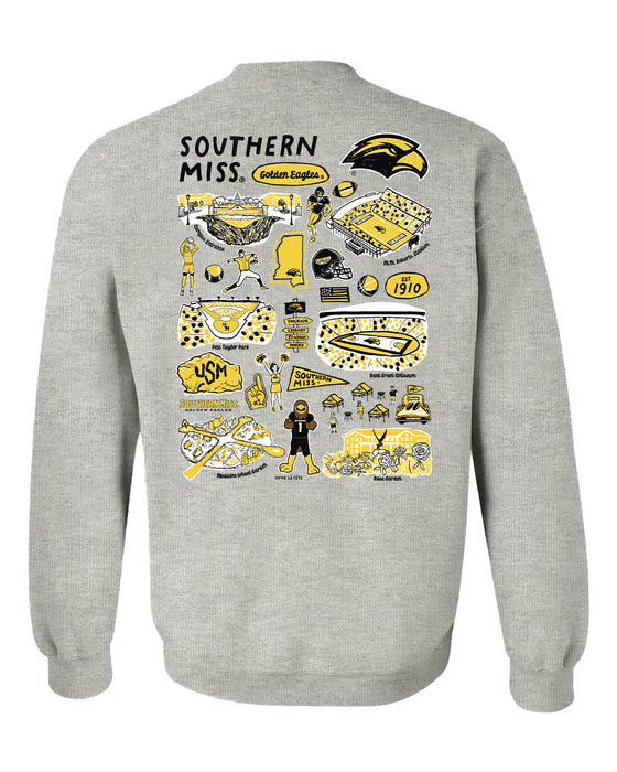 Southern Miss Golden Eagles Hand Sketched Artwork Black Crewneck Sweatshirt for Women - Vive La Fête - Online Apparel Store