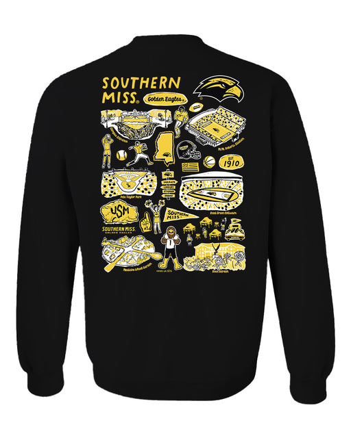Southern Miss Golden Eagles Hand Sketched Artwork Black Crewneck Sweatshirt for Women - Vive La Fête - Online Apparel Store