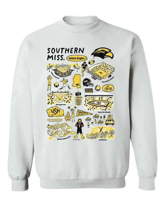 Southern Miss Golden Eagles Hand Sketched Vive La Fete Impressions White Cotton Crewneck Sweatshirt for Women