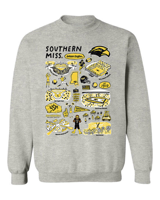 Southern Miss Golden Eagles Hand Sketched Vive La Fete Impressions Grey Cotton Crewneck Sweatshirt for Women