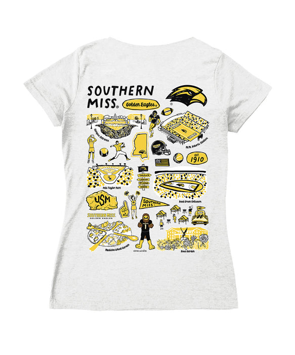 Southern Miss Golden Eagles Hand Sketched Vive La Fete Impressions Artwork Black Women Cotton Short Sleeve V-Neck Tshirt